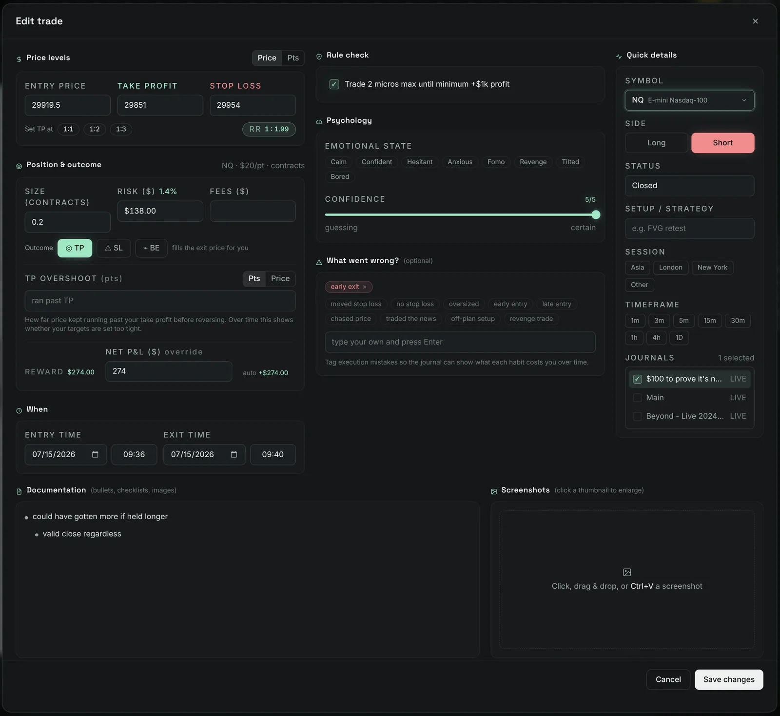 The trade log after a CSV import, filled with a full trading history